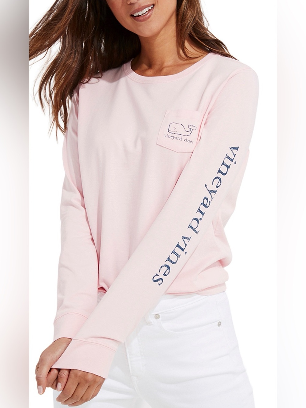 •VINEYARD VINES•PINK DRINK LONG SLEEVE WHALE LOGO CREWNECK POCKET TEE SIZE SMALL